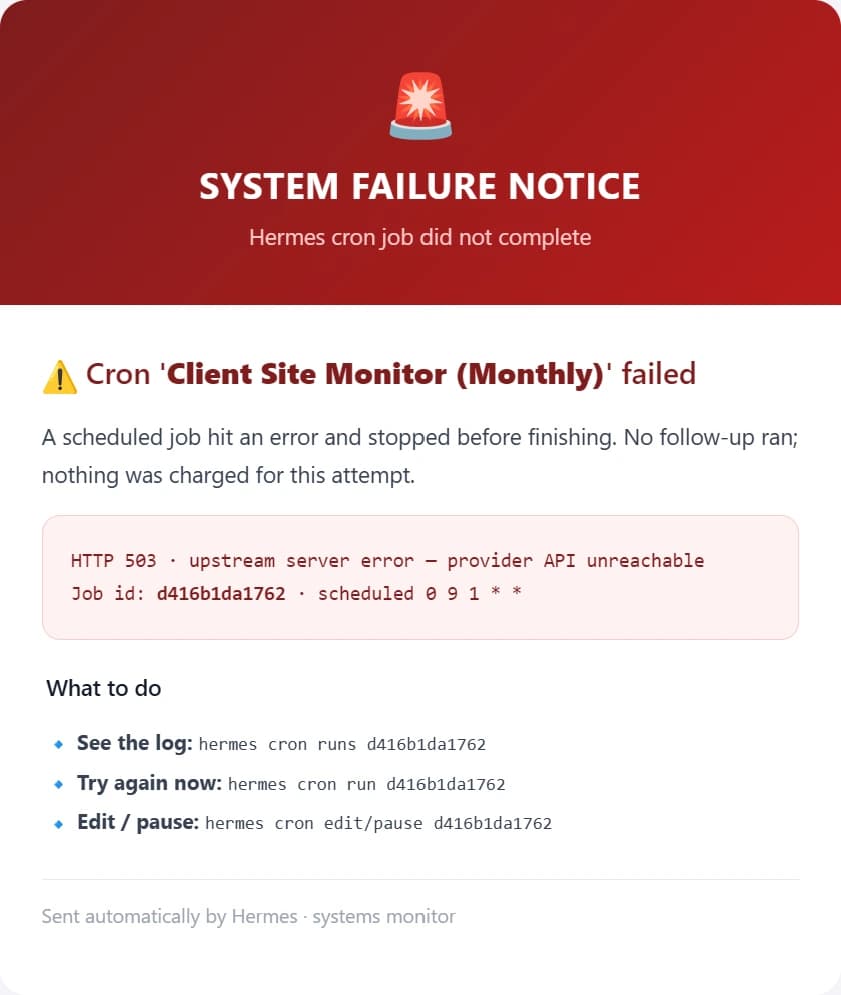 Demo cron failure email showing an HTTP 503 error and troubleshooting commands